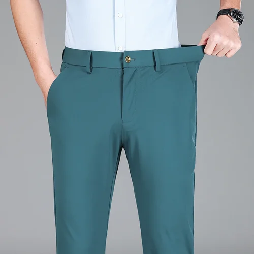 Imagen 1 del producto Nuevos pantalones de traje de negocios elásticos de seda de hielo de verano para hombre, pantalones formales rectos elásticos de color verde militar y azul para oficina