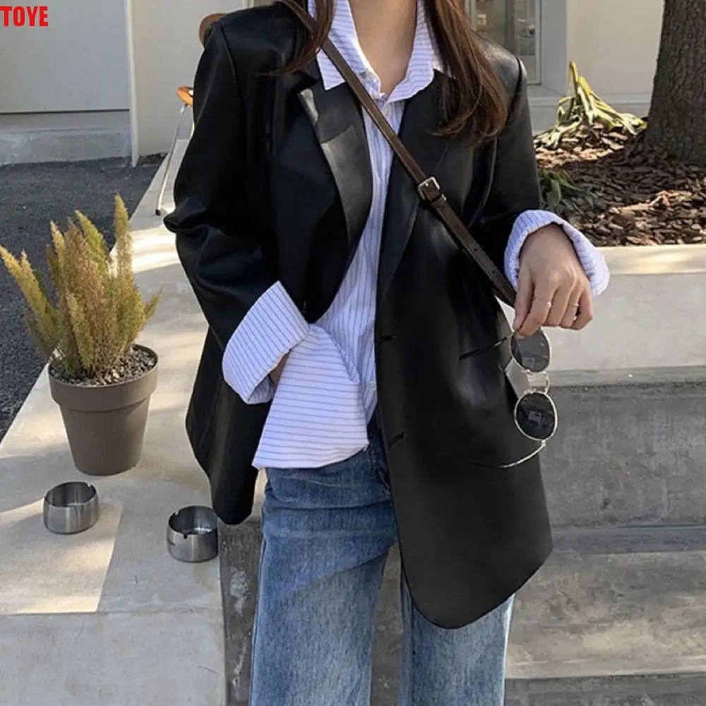 

Y2k кожаная куртка с воротником с лацканами, женская верхняя одежда, корейский шик, винтажные пальто из искусственной кожи, свободный костюм в стиле ретро, кожаная куртка на осень/зиму