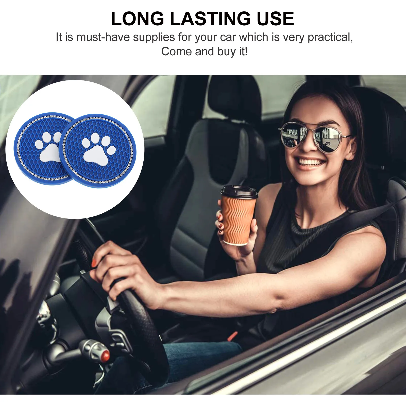 2Pcs Diamond Studded Cat Paw Cup Coasters Anti-Slip Car Cup Mats Heat Resistant Lightweight Easy Clean for All Vehicles