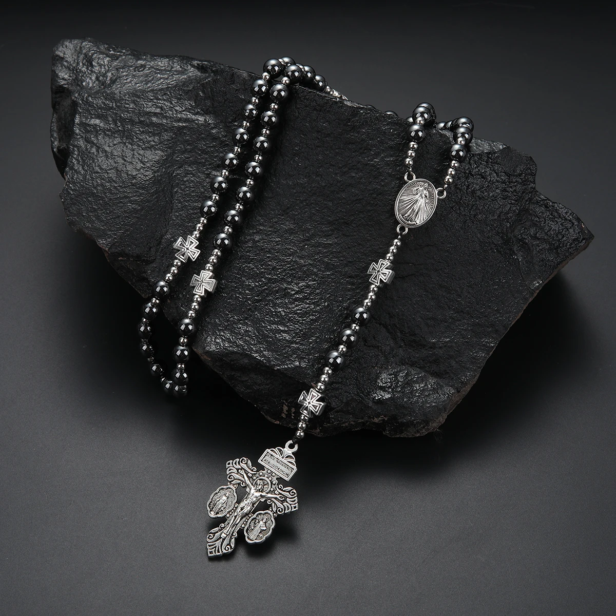 بارد الأزياء الأسود الهيماتيت جولة الخرز الصليب قلادة سانت بنديكت قلادة للرجال والنساء الوردية #6
