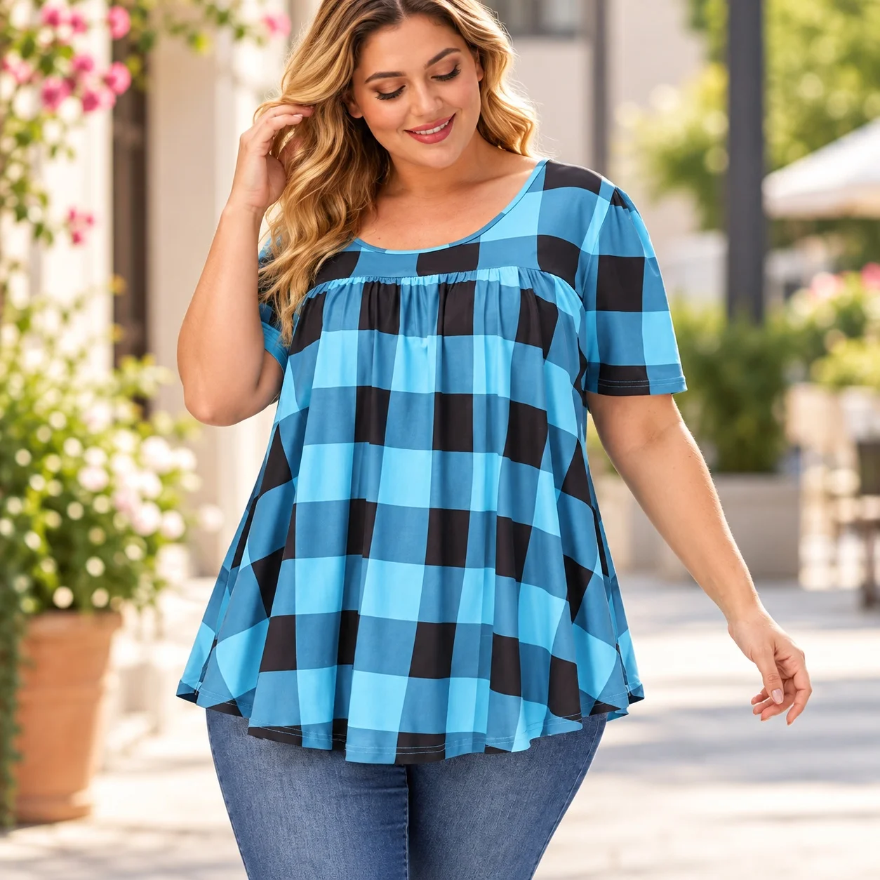 Printed Loose Fit Top with Round Neck Short Sleeve Regular Length Private Celebrity Style Plaid Pattern Pleated Women T Shirts