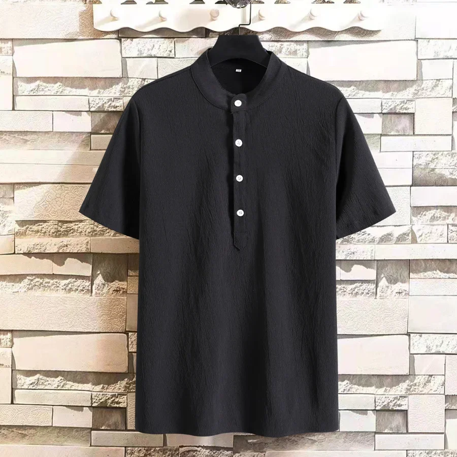 Camisa casual de linho de algodão masculina, sólida, extragrande, gola com botão, manga curta, camiseta masculina solta, camiseta, verão, 2024