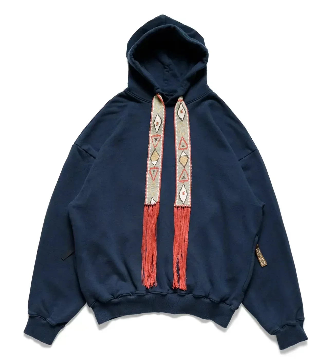 

23SS KAPITAL Hiroda Two-color Japanese Vintage Geometric Tassels Ethnic Style Embroidery Ribbon Loose Hooded Men's Sweatshirts