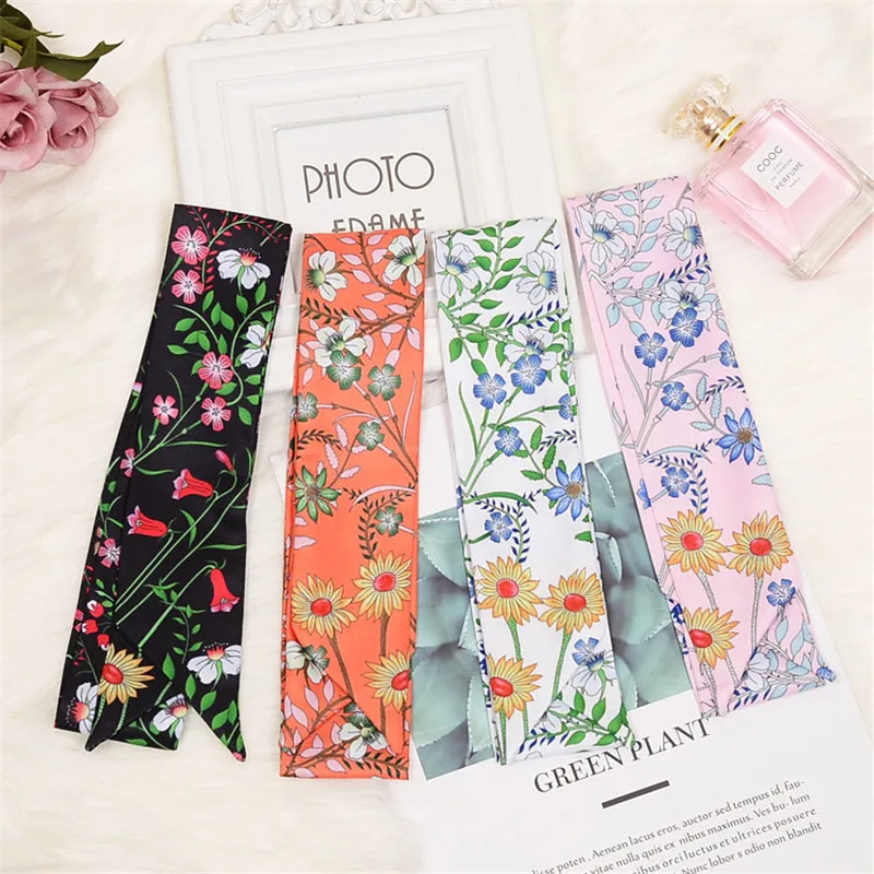 2024 New Design Skinny Scarf Floral Printing Silk Scarf Women Luxury Brand Foulard Fashion Flower Ladies Bag Scarf Headband