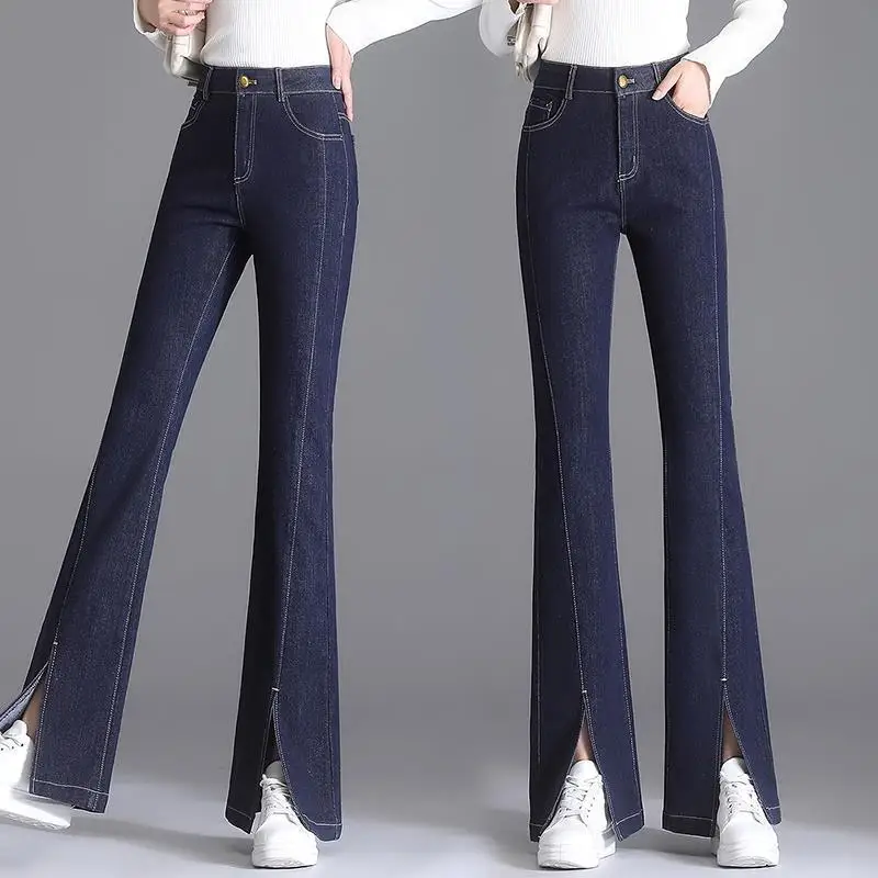 Women's Jeans Spring and Autumn Pants Bootcut Trousers Front Slit Slim Fit