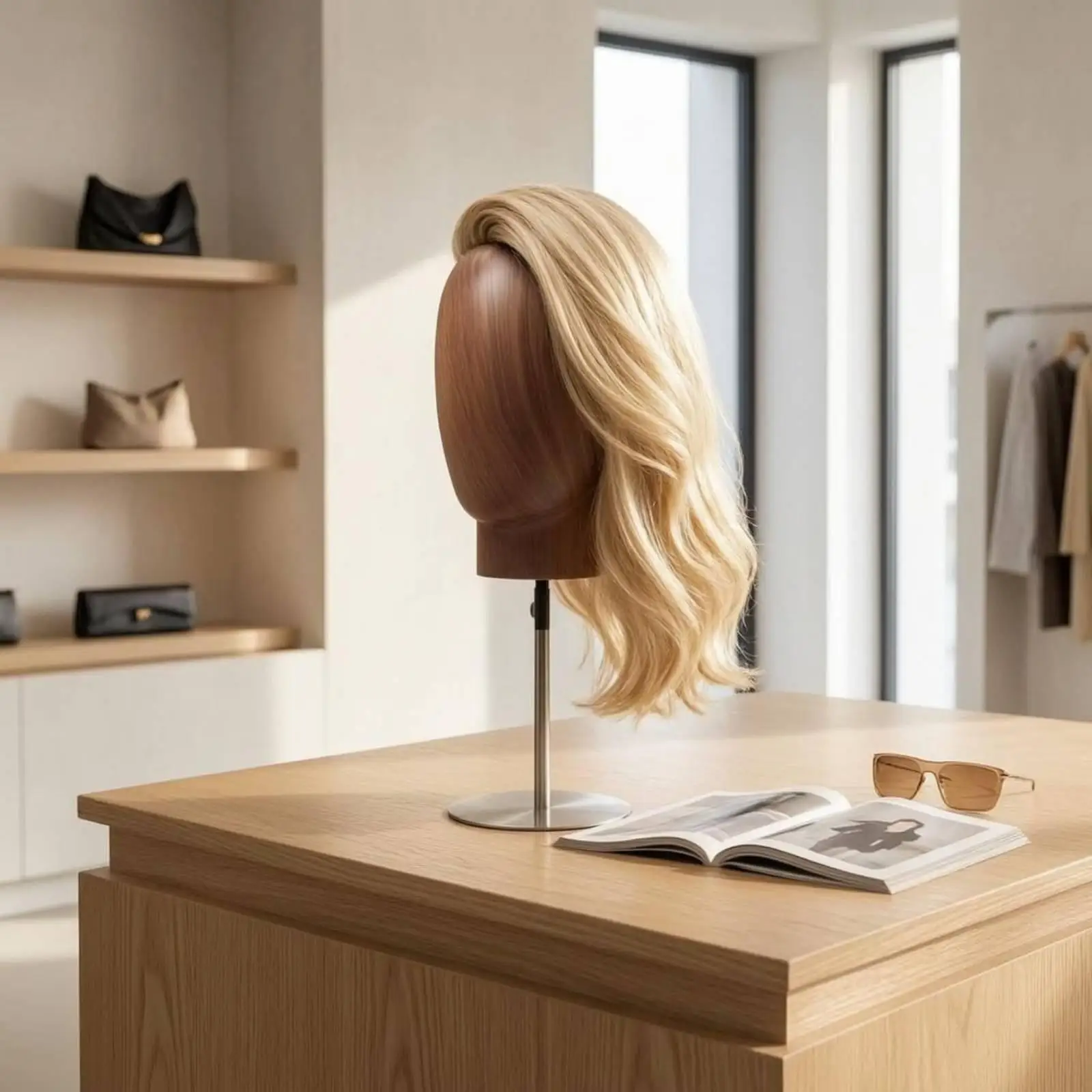 Hairpiece Display Mannequin Wood-Grain Finish Adjustable Hairpiece Stand