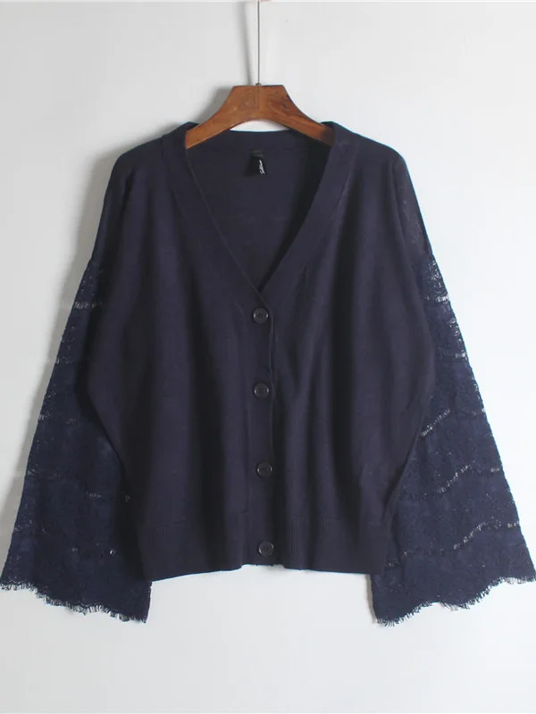 Cardigan aperto lavorato a maglia lungo sottile Sve colore puro versione ampia V Ne pizzo splicing oulderl abbigliamento donna di inizio autunno