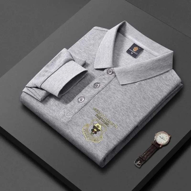 

2024 New Spring and Autumn High Quality Casual Business Flip Collar Embroidered Loose Oversize Long Sleeved Polo Shirt for Men