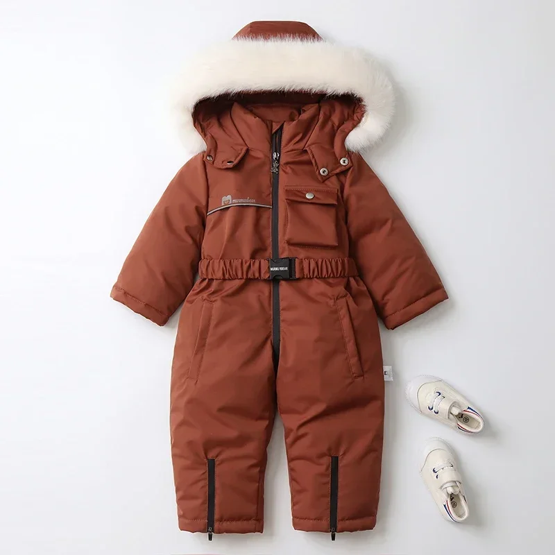 2024 New Girl Windproof Winter Solid One Piece Suits Hooded Zipper Long Sleeve Children Ski Sets Polyester Casual Outdoor Suits