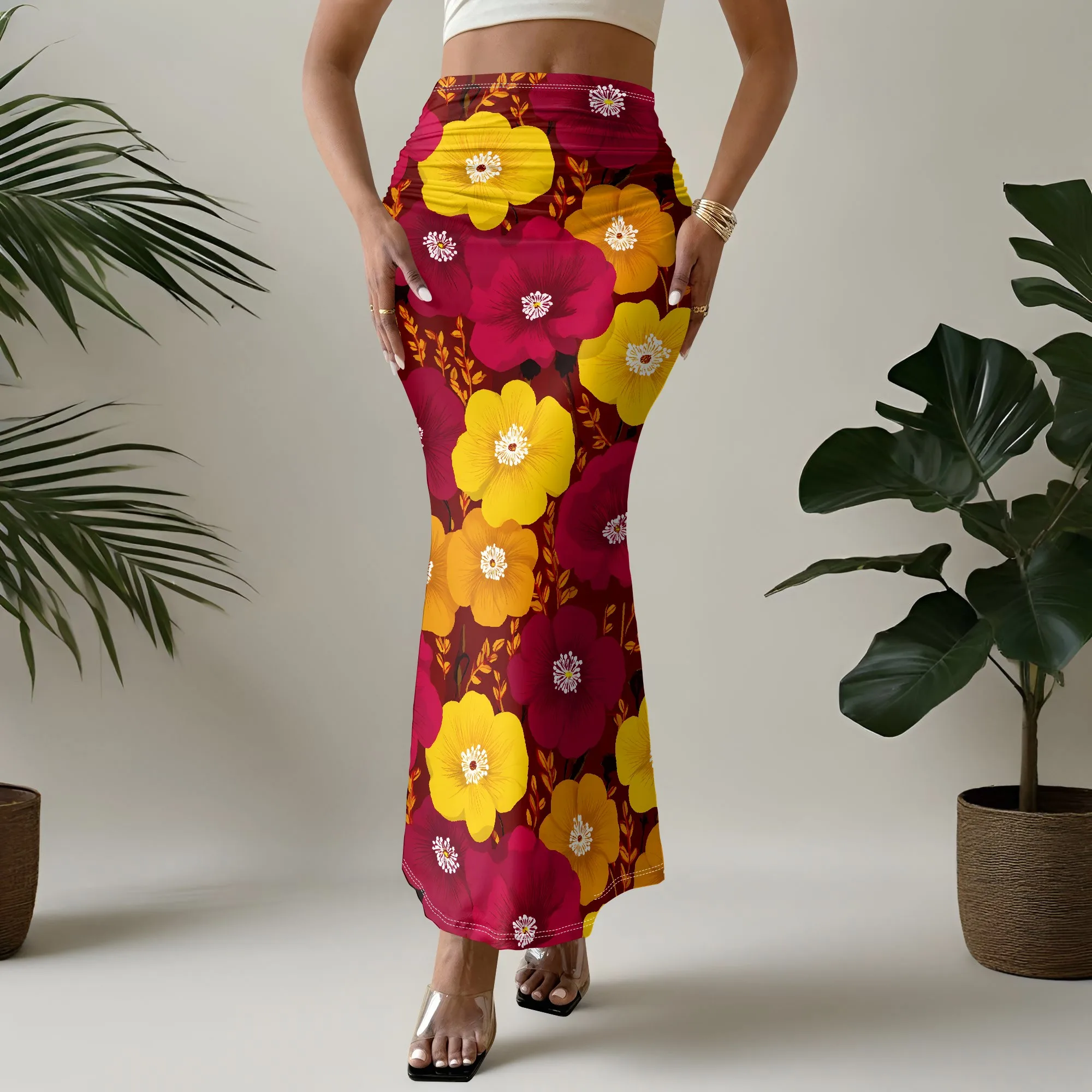 Floral Print Mermaid Skirt, Red Yellow Flowers Maxi Skirt, High Waist Bodycon Skirt, Summer Beach Vacation Wear, S-2XL