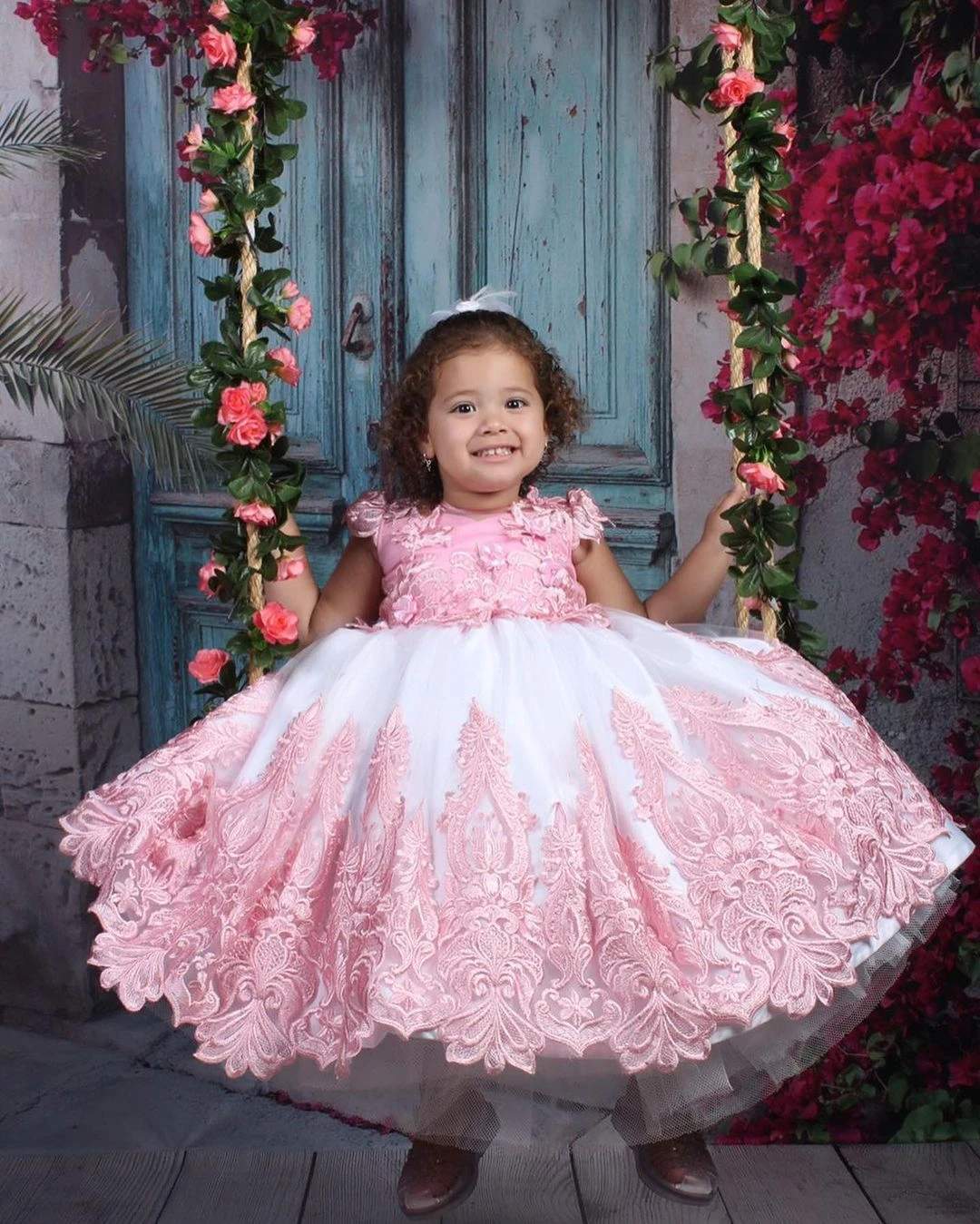 Pink Flower Girl Dress For Wedding Lace Applique Tulle With Bow Princess Kids Birthday Party First Communion Ball Gown