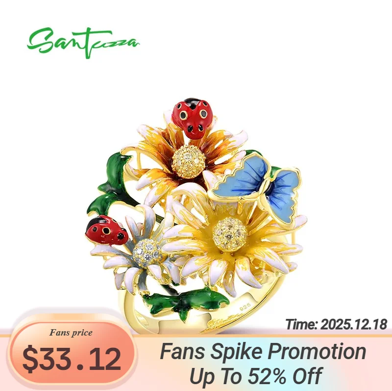 

SANTUZZA 925 Sterling Silver Rings For Women Champagne Yellow White CZ Enamel Flower Butterfly Ladybug Fine Jewelry Handmade