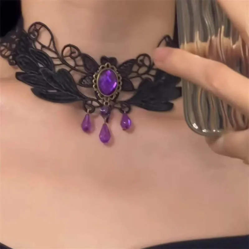 Purple Stones Leaf Women's Necklace Lace Flower Jewelry Gift for Ladies And Girls Elegant Birthday Party Accessory