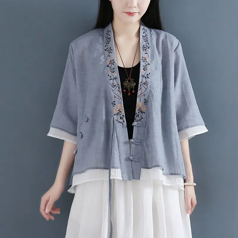 Summer New Ethnic Style Vintage Cotton and Linen Shirt Female Patchwork Fake Two Pieces Embroidered Loose Casual All-match Tops