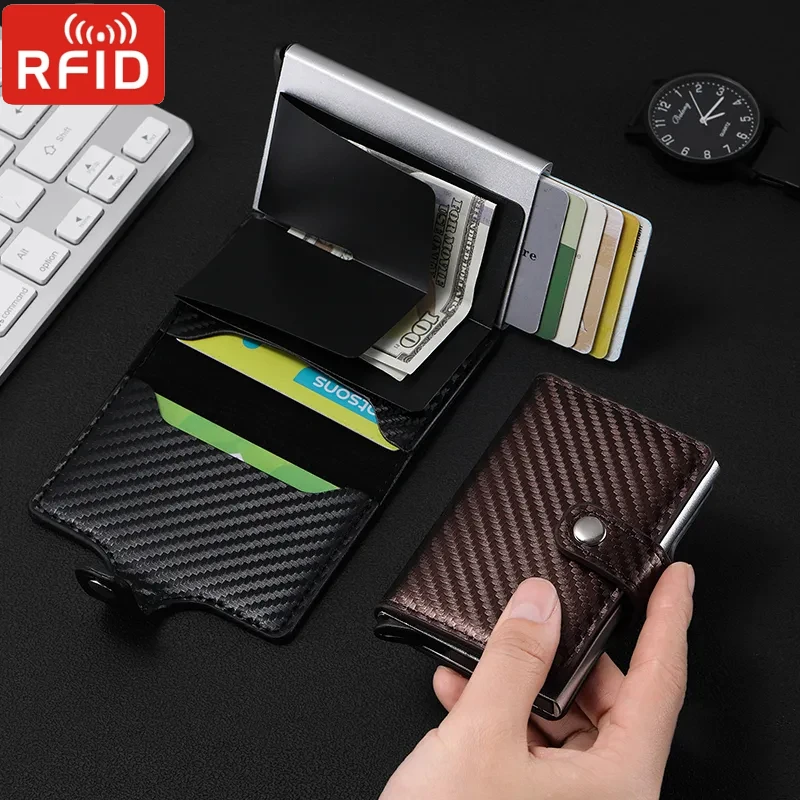 

Carbon Fiber Credit Card Holder Wallet Men Rfid Smart Metal Thin Slim Pop Up Minimalist Wallet Small Black Purse Metal Vallet