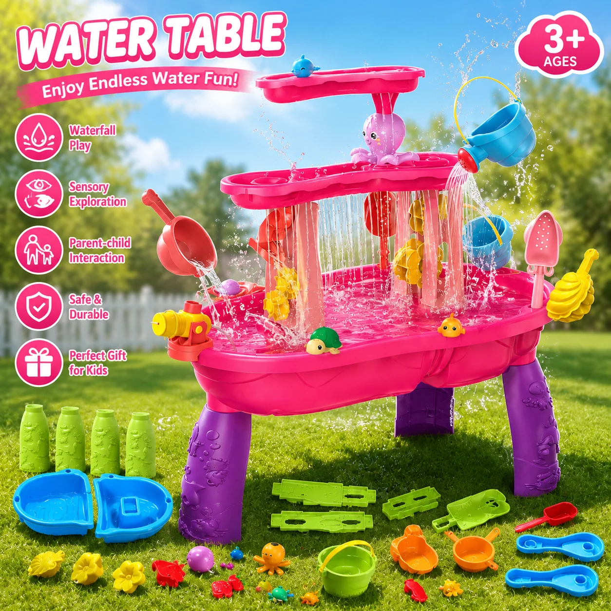 MQUDUO Summer Water Fun Table for Boys Girls, Multi Layer Waterfall Toy Set for Backyard Garden Sensory Play