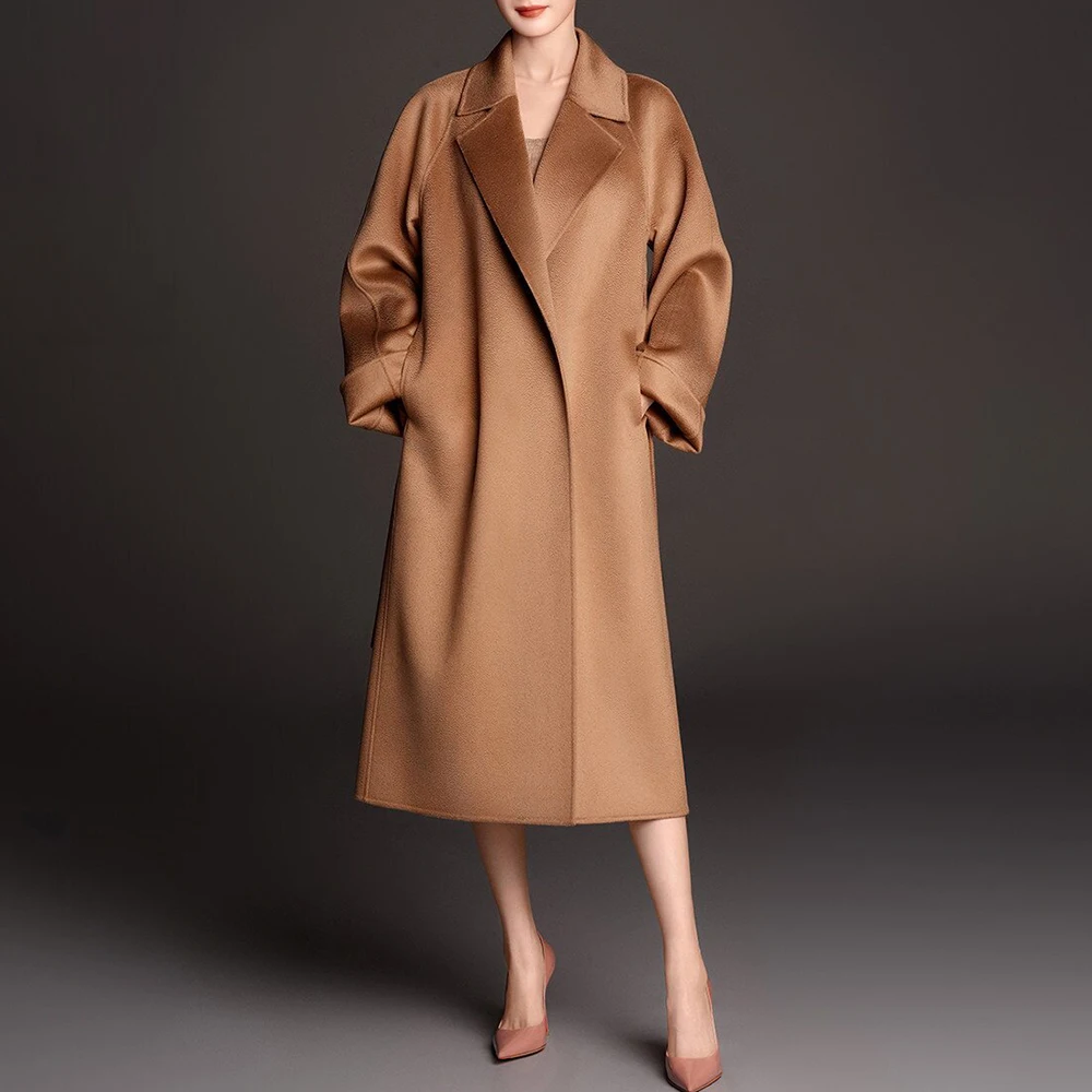High Quality Double-Sided Cashmere Coats Elegant Luxury Winter Loose Lace Up Long Length Fashion 100% Wool Coat for Women