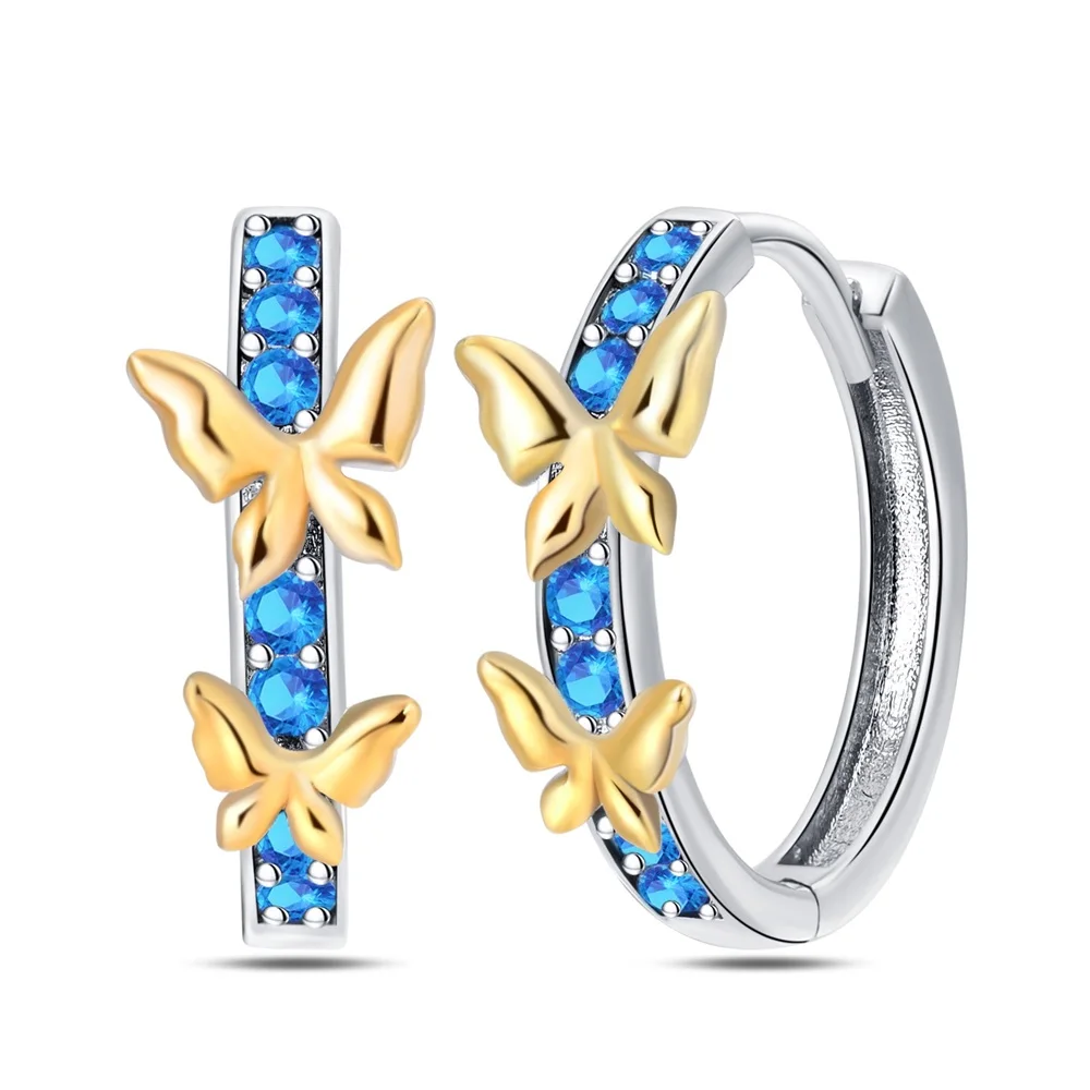 Elegant 925 Sterling Silver Blue Gold Butterfly Earrings Charm Women's Zoo Play Creative Jewelry Accessories