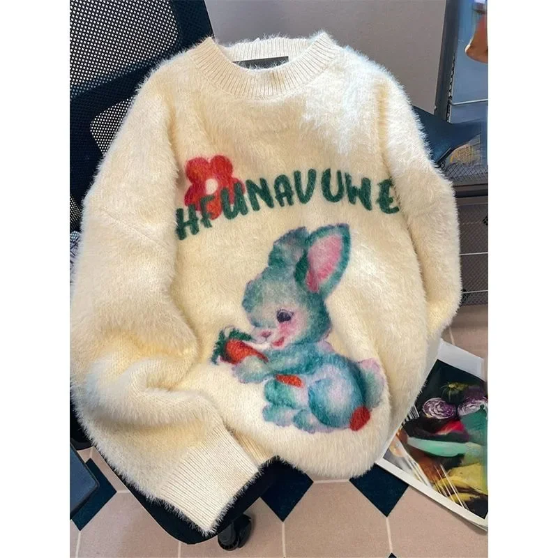 Cartoon Rabbit Letter Print Design Sense Sweater Y2k Loose Casual Grunge Pull Femme Autumn Winter Soft and Skin-friendly Jumpers