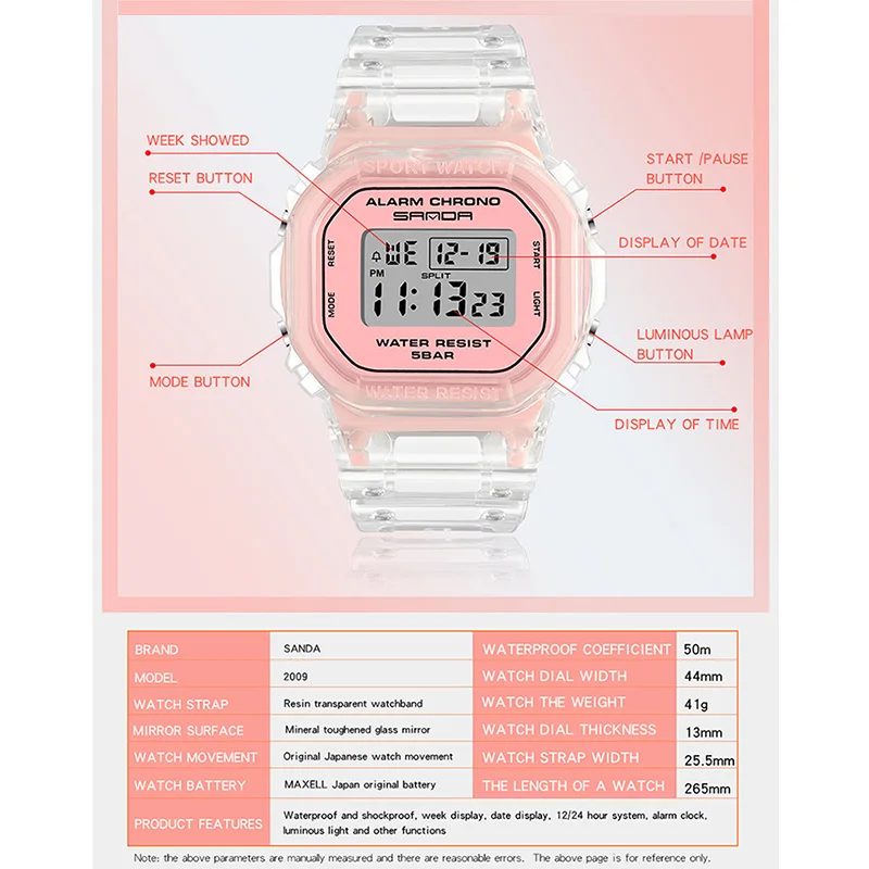 Moda SANDA sportowy zegarek damski przezroczysty pasek LED cyfrowy zegar damski elektroniczny zegarek Reloj Mujer Relogio Feminino 2009