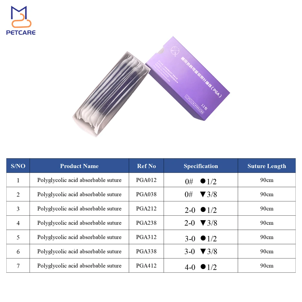 Polyglycolic Acid Absorbable Suture (PGA), Veterianary Surgical Tools, Medical Suture with Needle, Veterinaria Pet Accessories