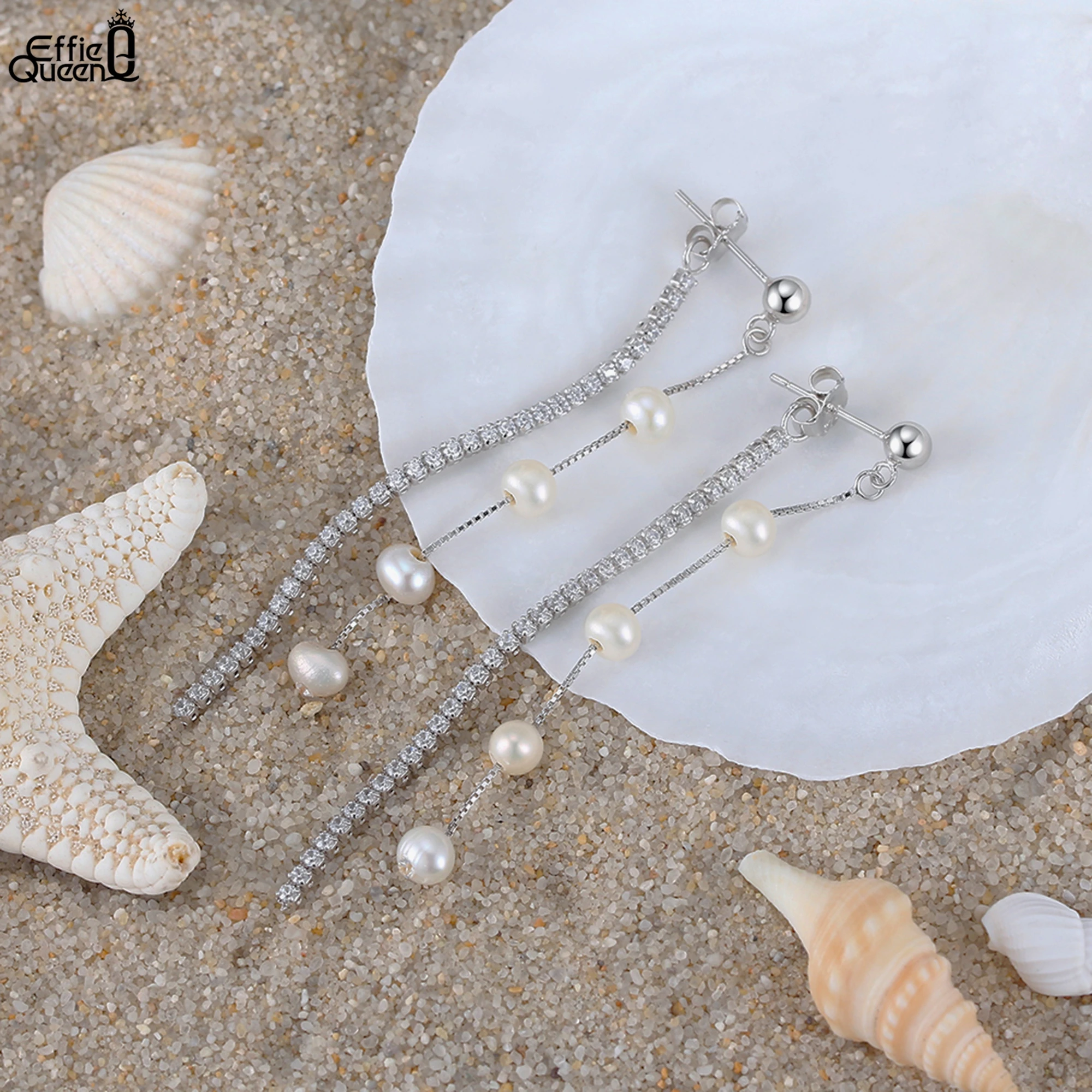 

Effie Queen 925 Sterling Silver Long Chain Tassel Drop Earrings with Real Pearls Cubic Zircon Dangle Earring Wedding Gift GPE22