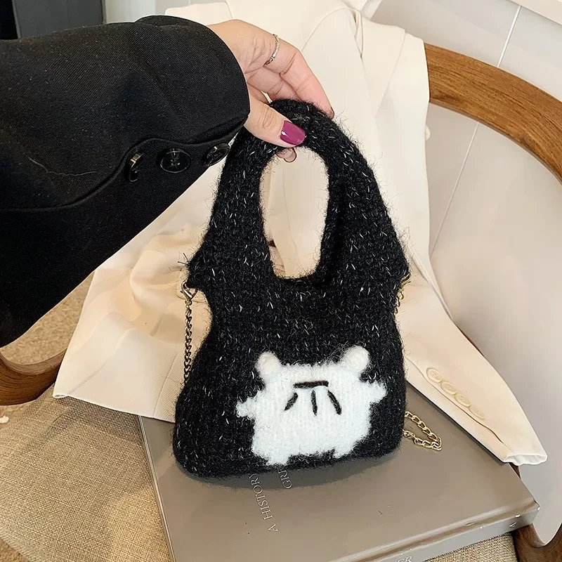 

Bear Three-dimensional Ears Knitted Homeless Handbag Autumn Winter New Wool Small Bag Cute Versatile Chain Oblique Span Bag