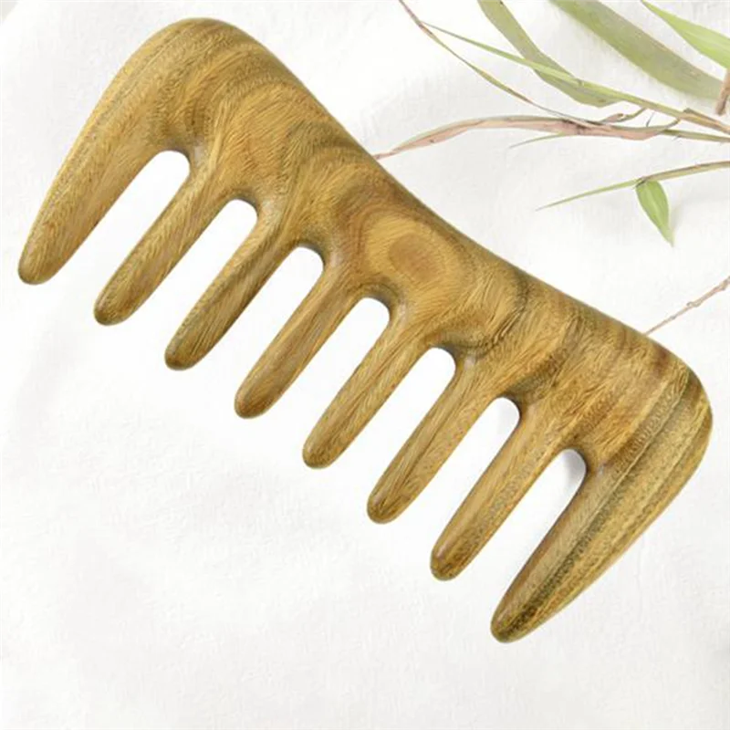 -A14E 1Pcs Green Wide Tooth Hair Comb - Natural Wood Comb For Curly Hair - No Static For Massage Comb Detangling