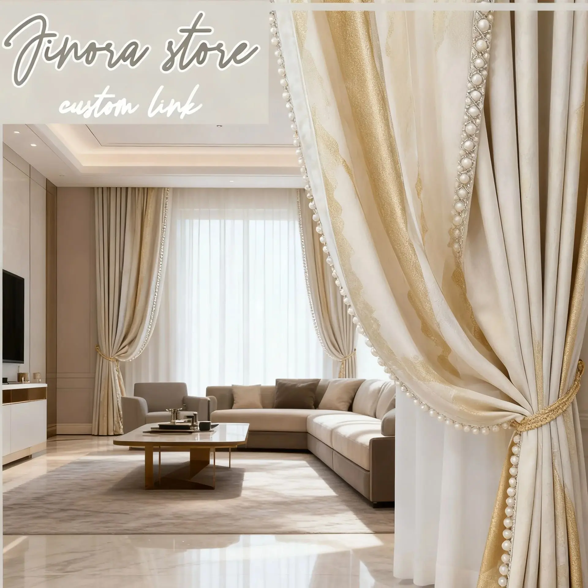 Curtains For Living Room Bedroom French Window Balcony Bay Window Customized Golden Marble Texture Jacquard Pearl Lace Patched