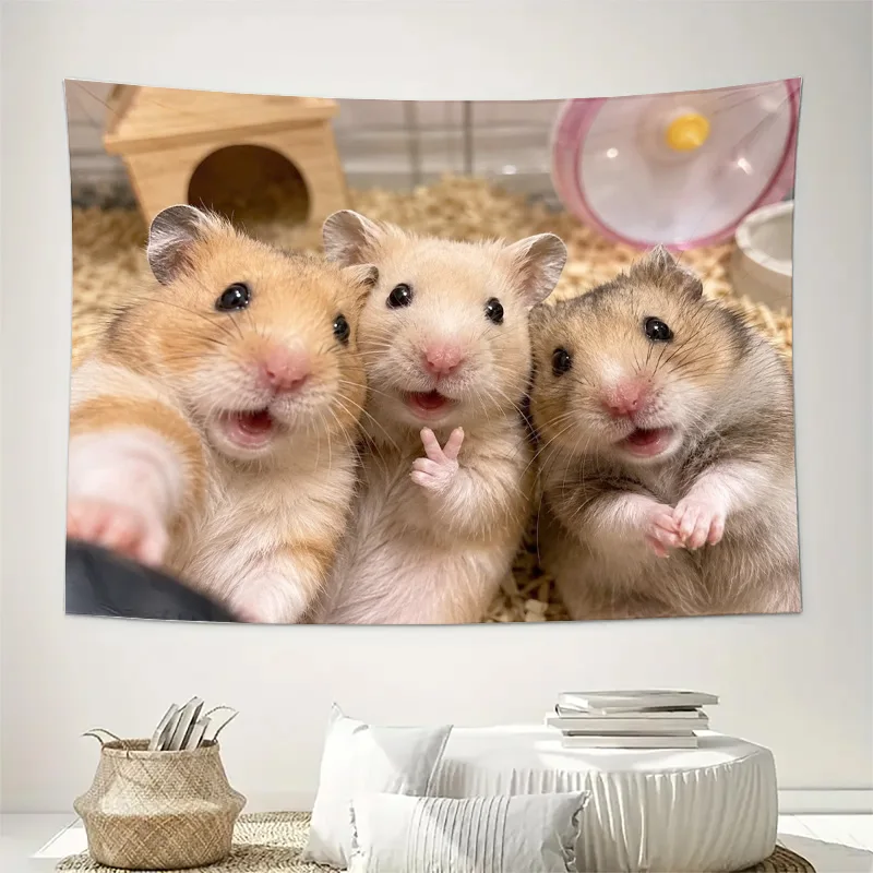 Cute Hamster Trio Family Portrait Wall Tapestry Realistic Pet Animal Nursery Decor Gift Art Print