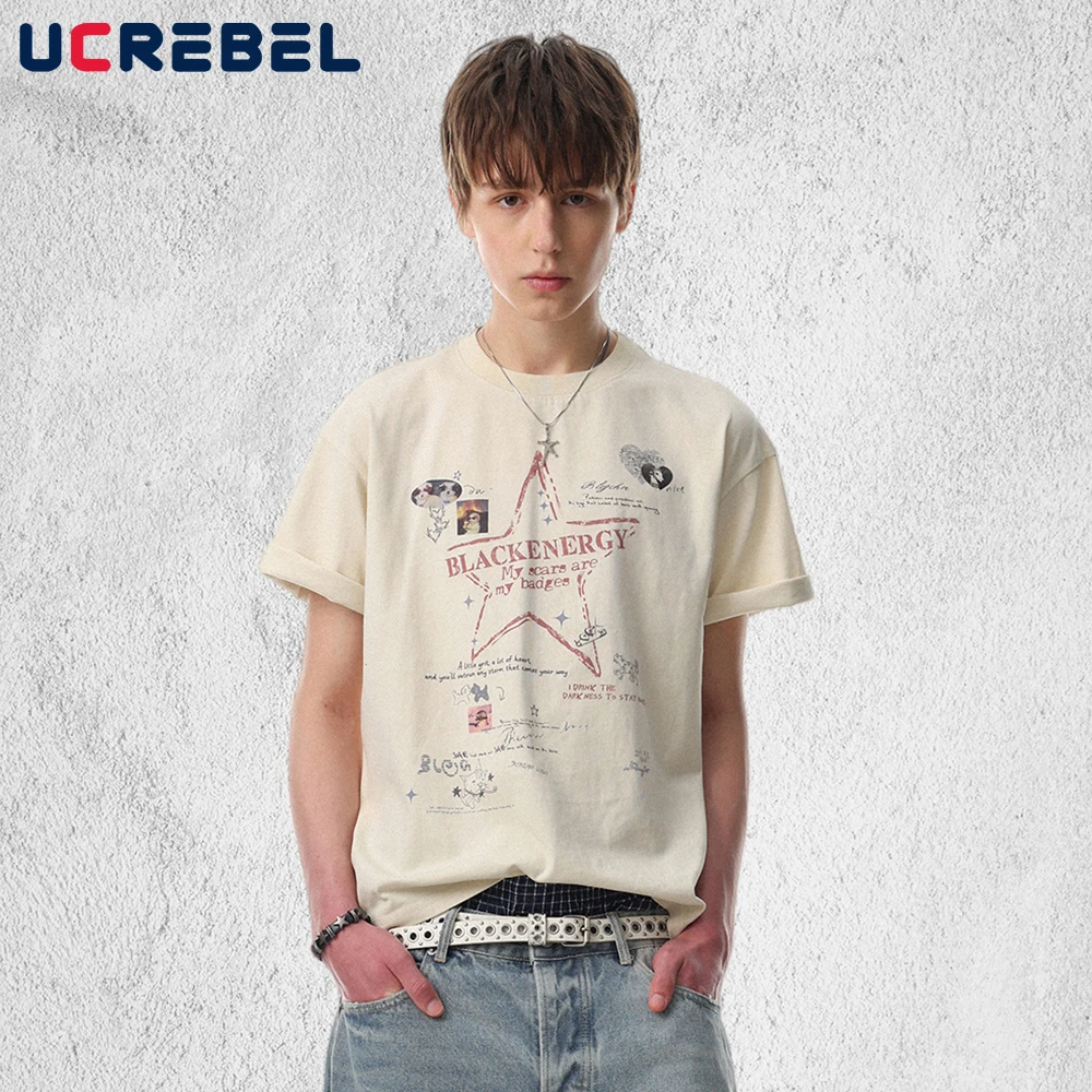 

Мужская летняя футболка с коротким рукавом и принтом граффити-звезд, в стиле Y2K, уличная мода, свободный крой, круглый вырез, хлопковая футболка с полурукавом