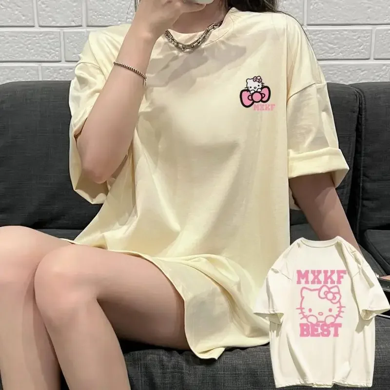 Miniso Hellokitty T-shirt Sanrio Kitcat 40-150kg Girl Women Thin Short Sleeves Loose Fit Pajamas Home Wears Outdoor Wear Clothes