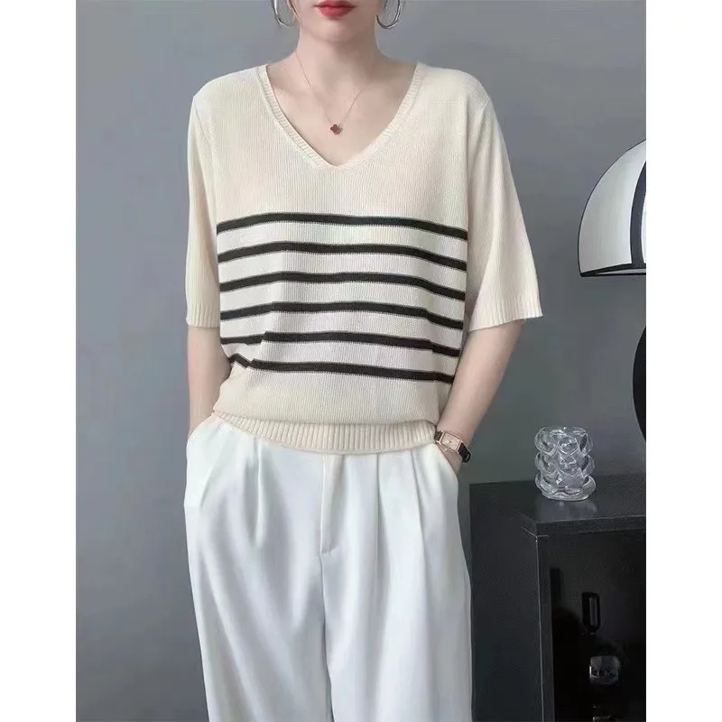 2024 New Summer Short Sleeve Striped pure cotton Short Sleeve Striped T-Shirts Women Knitted Casual Tops Female Cotton Tee Shirt