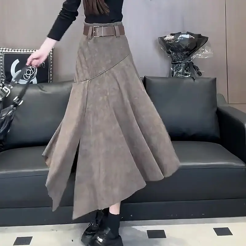 Khaki Irregular Design Fashionable Temperament Versatile Half Women's Early Autumn New Mid Length Minimalist Casual Skirt