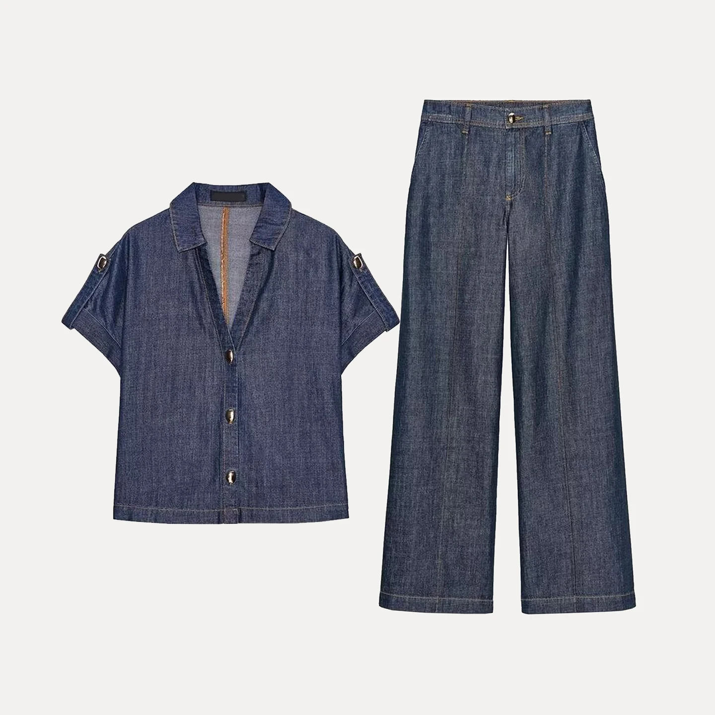 طقم قميص جينز وبنطلون جينز للنساء بأكمام قصيرة وأزرار، مصنوع من ألياف البوليستر، مناسب لجميع الفصول، مريح وعصري #5