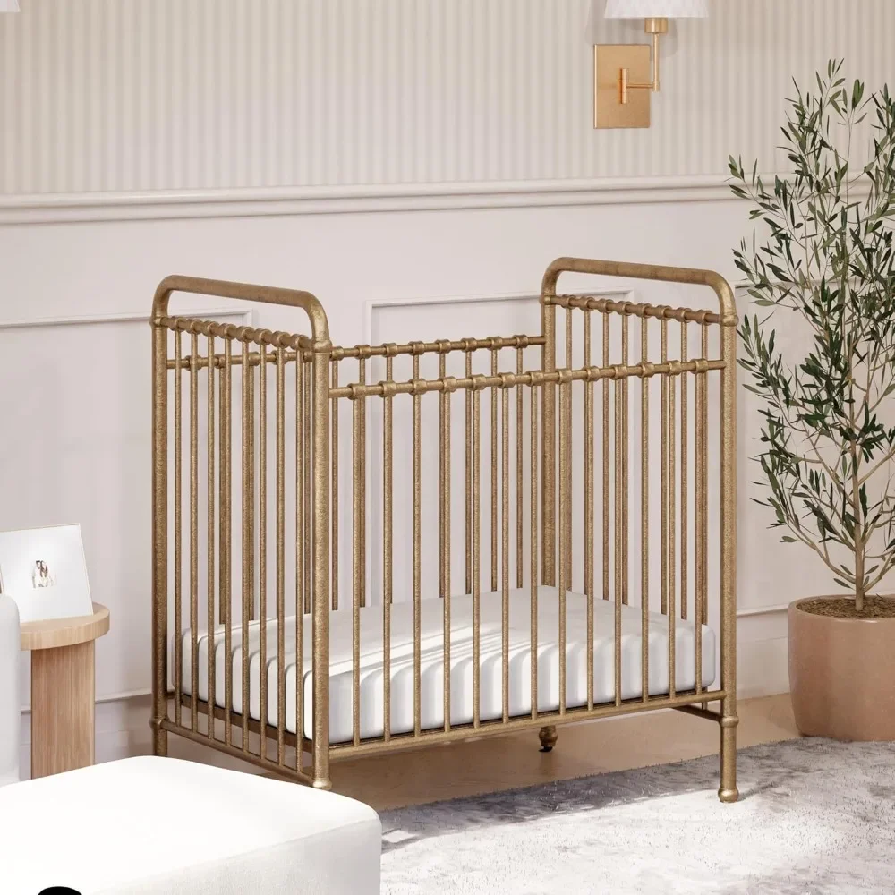 3-in-1 Convertible Mini Metal Crib in Vintage Gold