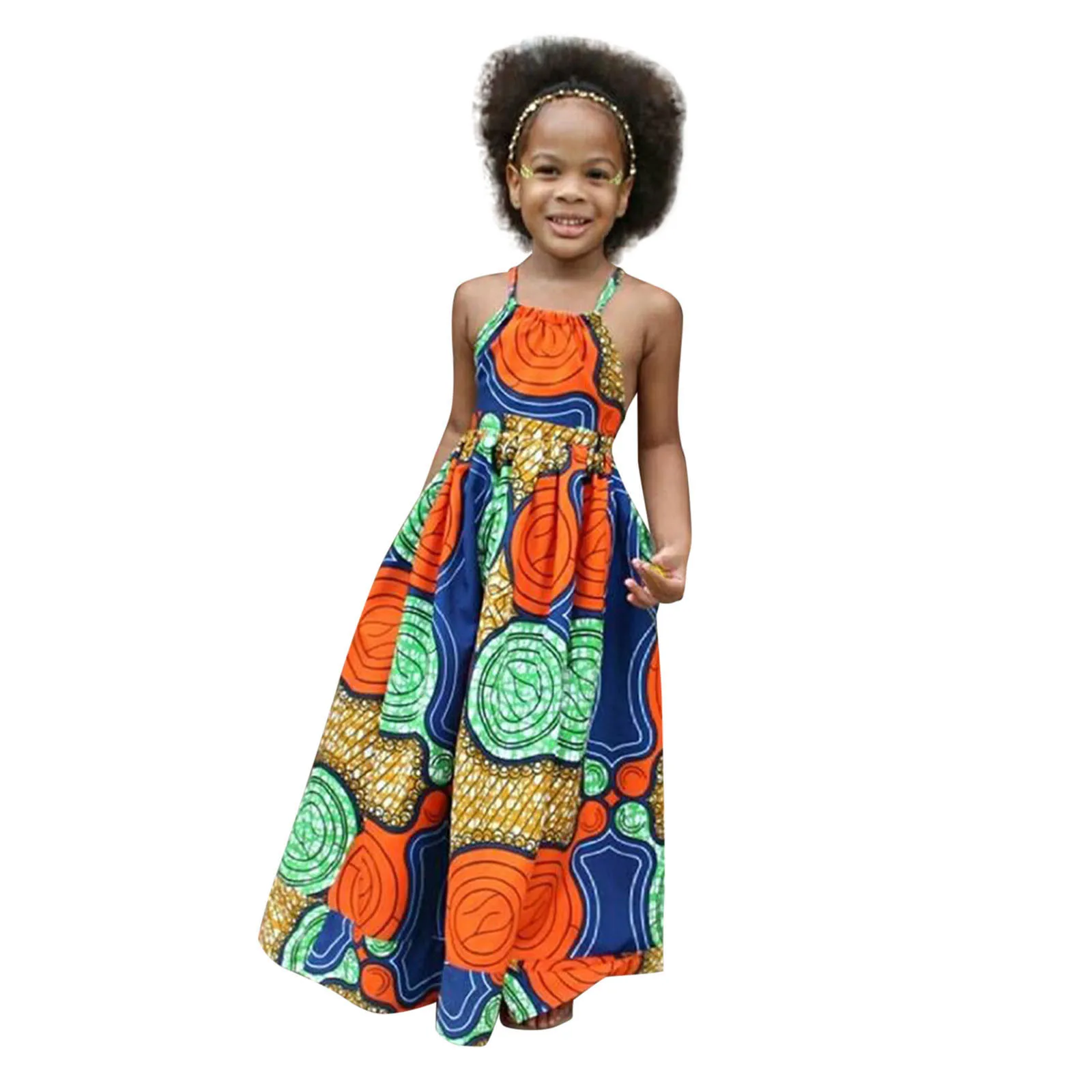 African Dashiki Traditional Style Sleeveless Strap Dress 1-5Y Toddler Kids Baby Girls Ankara Backless Dresses Headband Outfits