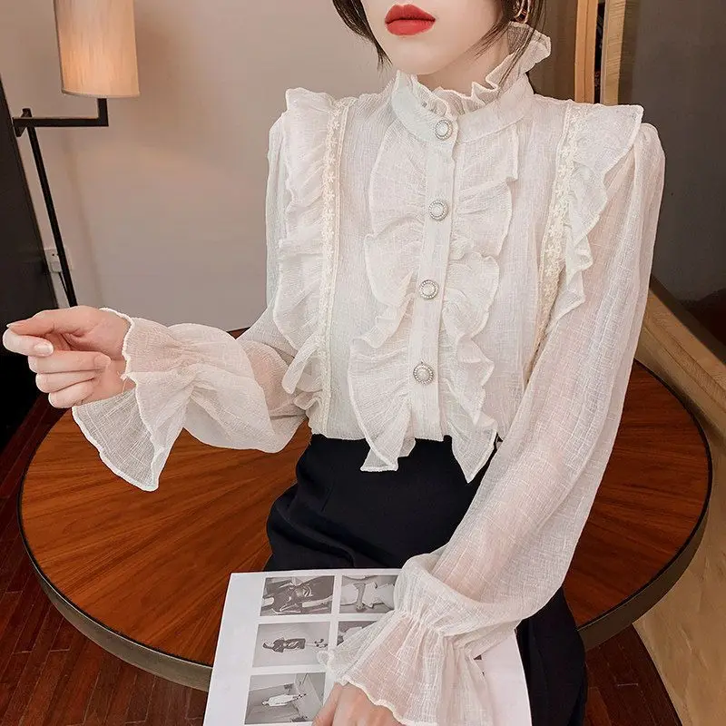 Elegant Solid Color Lace Ruffles Chiffon Shirt Women\'s Clothing 2023 Spring New Loose Korean Tops Flare Sleeve Sweet Blouse