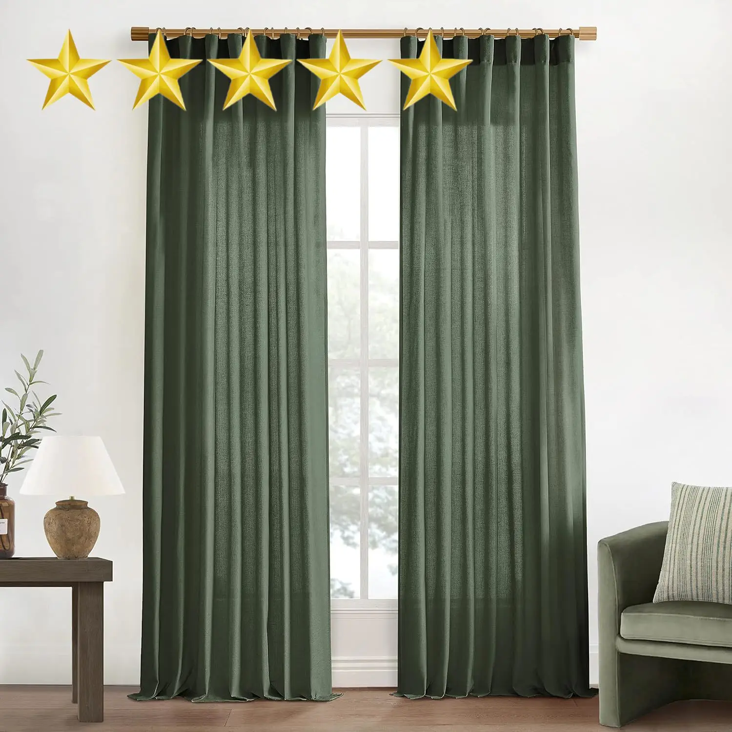 Olive Green Linen Boho Curtains for Living Room 84 Inch Length 2 Panels Set,Back Tab Hooks Long Window Treatments Curtain Drapes