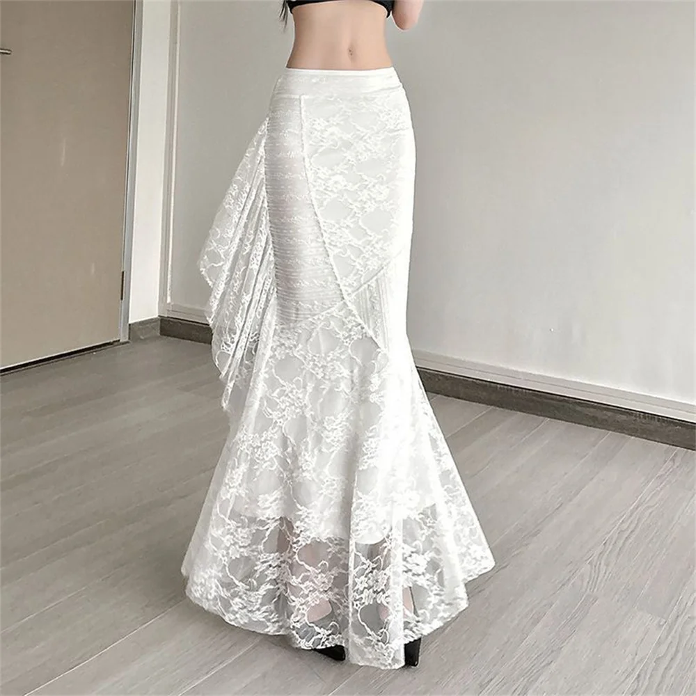 Lace Patchwork Pleated Skirts Women High Waist Hip-Covering Irregular Casual Fashion Creamy Sweet Style Ruched Elegant Outfits