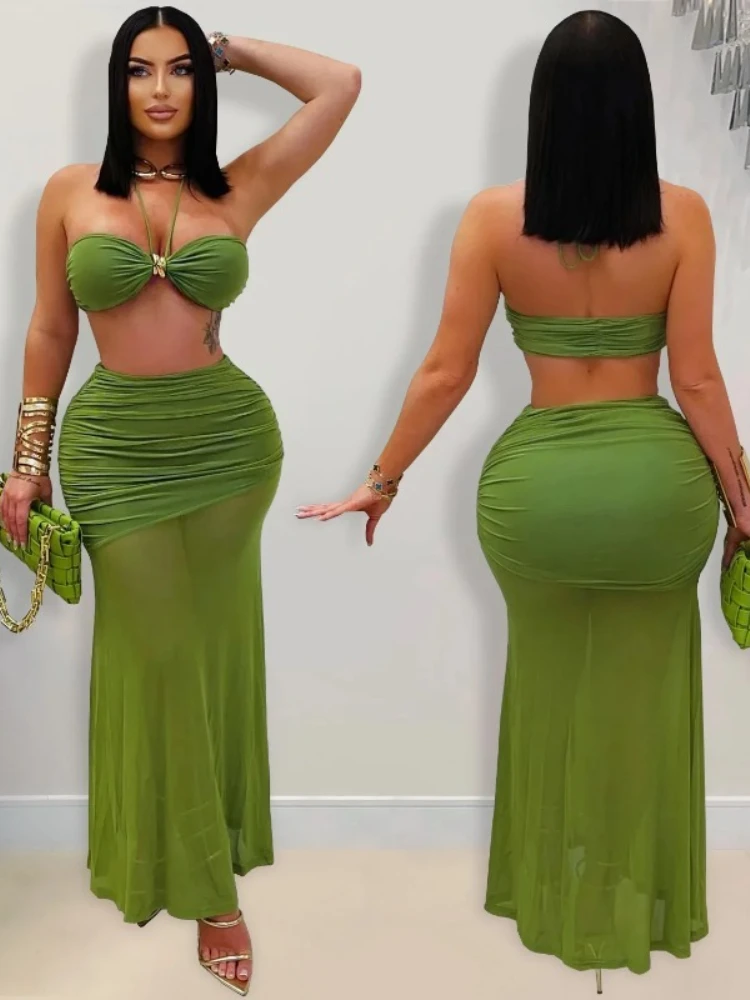 

Beach Holiday Women's Dress Set Crop Tops and Stacked Ruched Midi Maxi Skirts Suit 2025 Vacation Two 2 Piece Set Outfit