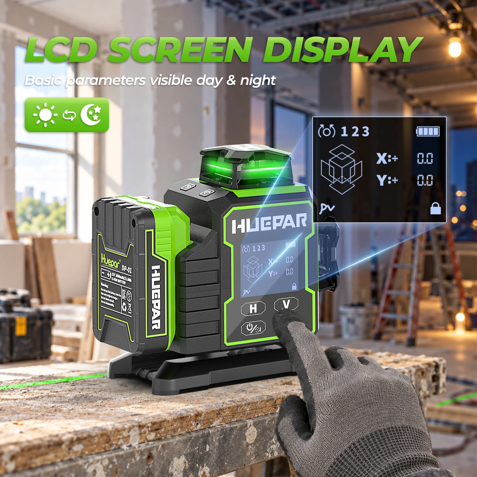 Huepar W03CG Laser-Wasserwaage, 3 x 360 selbstnivellierend, 3D-Bluetooth-Laser mit 12 Linien, elektrisch drehbarer Basis und großem LCD-Bildschirm – Detail 4