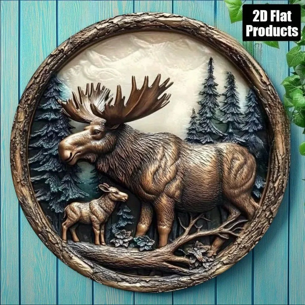 

2D 1PC Round Aluminum Metal Sign Elk and Deer Wall Art - 8x8 Inch Rustic Forest Circle Sign for Home Office Decor
