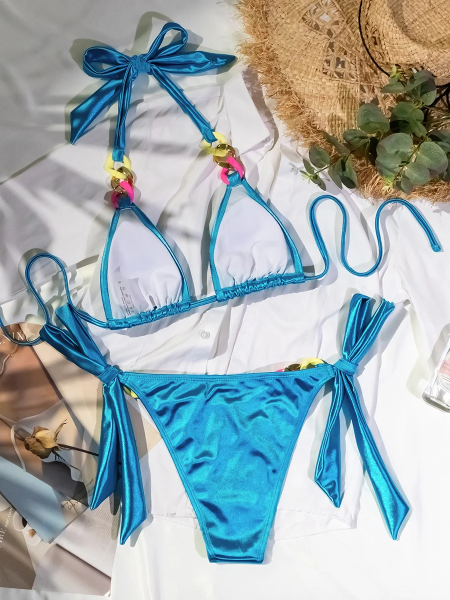 Perhiasan rantai berlian Bikini kulit PU Bikini baju renang wanita pakaian renang wanita Set Bikini dua potong Halter pakaian mandi pakaian renang