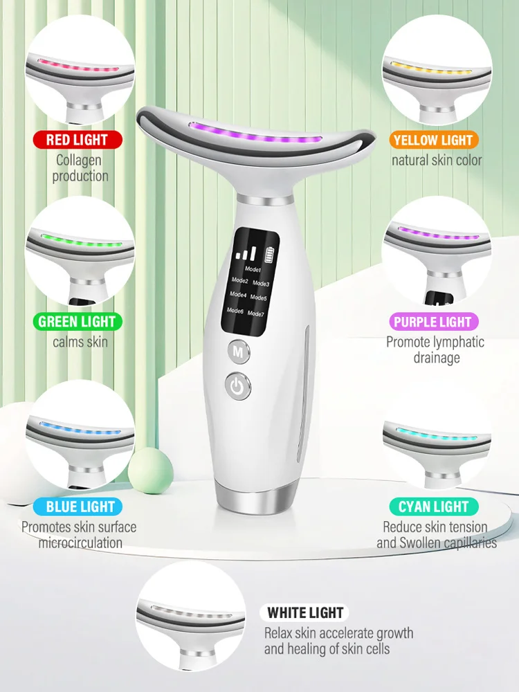 جهاز تجميل الوجه والرقبة مكركرنت 7 ألوان مدلك الوجه تكنولوجيا الاهتزاز يرفع مناطق الرقبة والكتف للوجه
