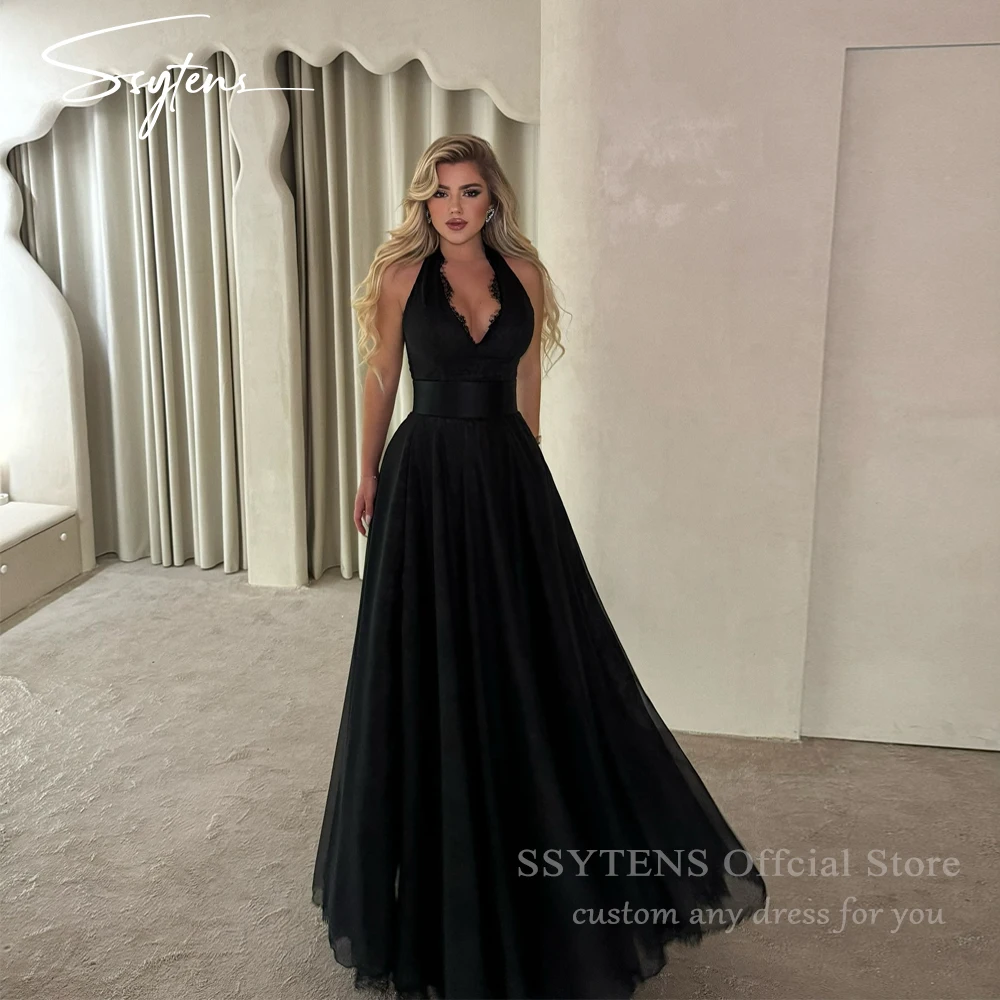 

SSYTENS Sexy Black Halter Evening Dresses for Special Occasions Vestidos De Fiesta Elegant Backless Lace Party Dress Customized