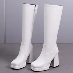 White Knee High Boots Women Platform 2025 Sexy Zipper Thick High Heels Black Long Boot Autumn Winter Shoes Large Size 44 48