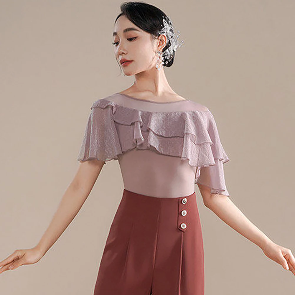 

Ballroom Dance Dress Women's Top Round Collar Black Elegant Waltz Ballroom Top Ruffled Blue Irregular Practice jumpsuits