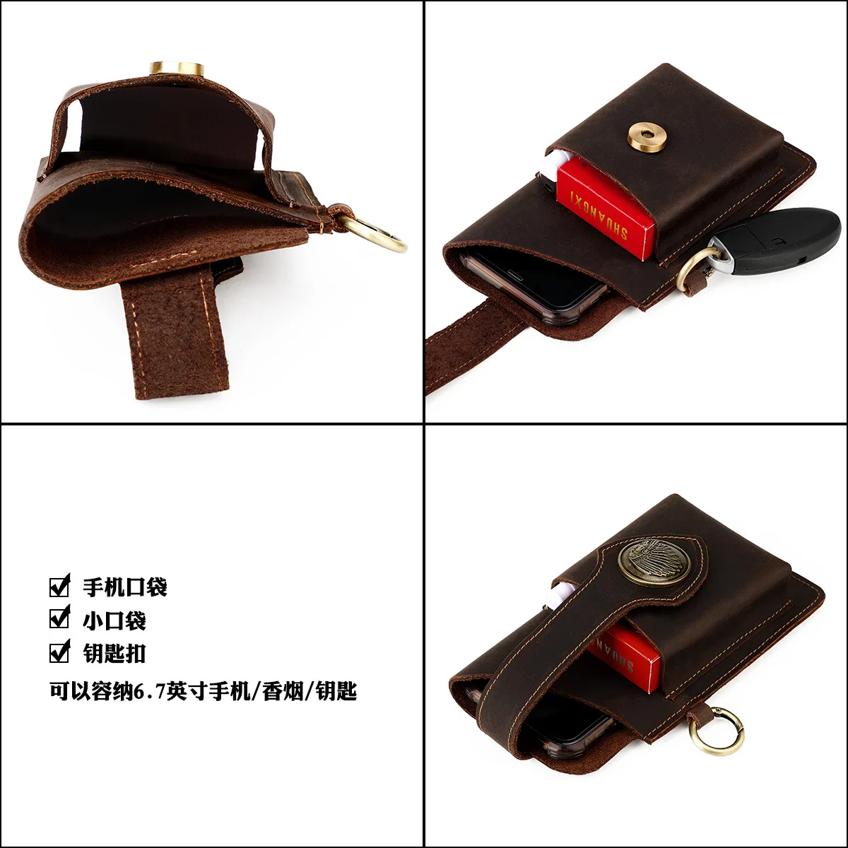 Crazy Horse Leather Waist Phone Holder, Belt Mount Phone Pouch, Multi Pocket Belt Pouch Store Phone Cigarette Car Keys for Men