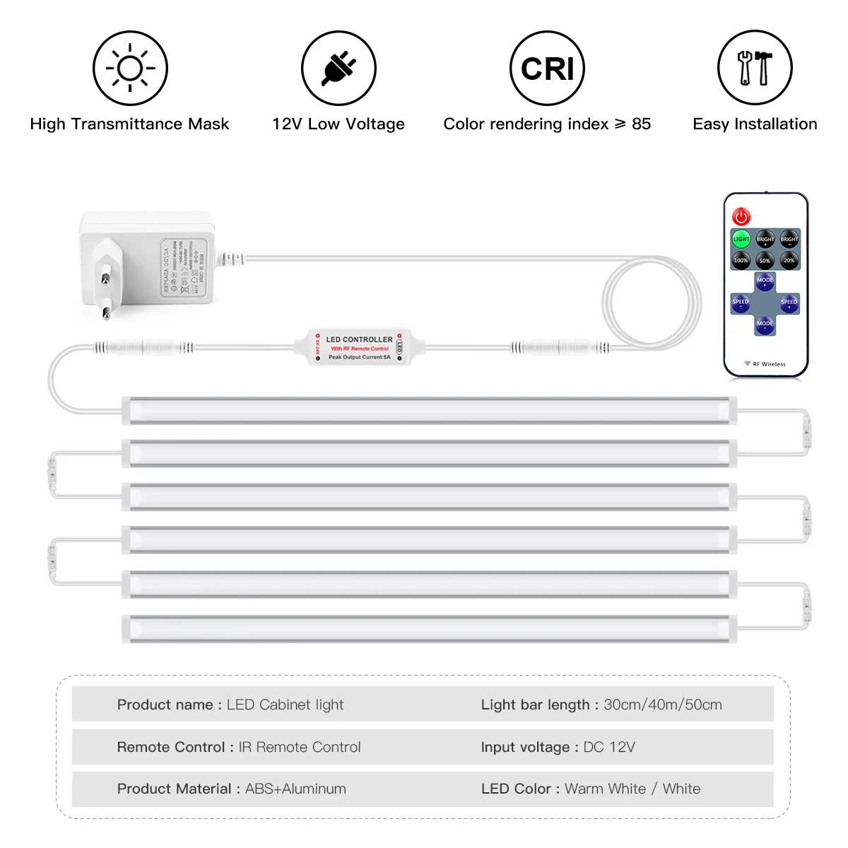 12V Under Cabinet LED Night Lights with Remote Control Dimmable Aluminium Bar Light Tube Display Closet Showcase Wardrobe Lamp